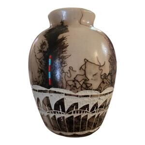 Native American Navajo horsehair pottery vase w/Turquoise and Red Coral